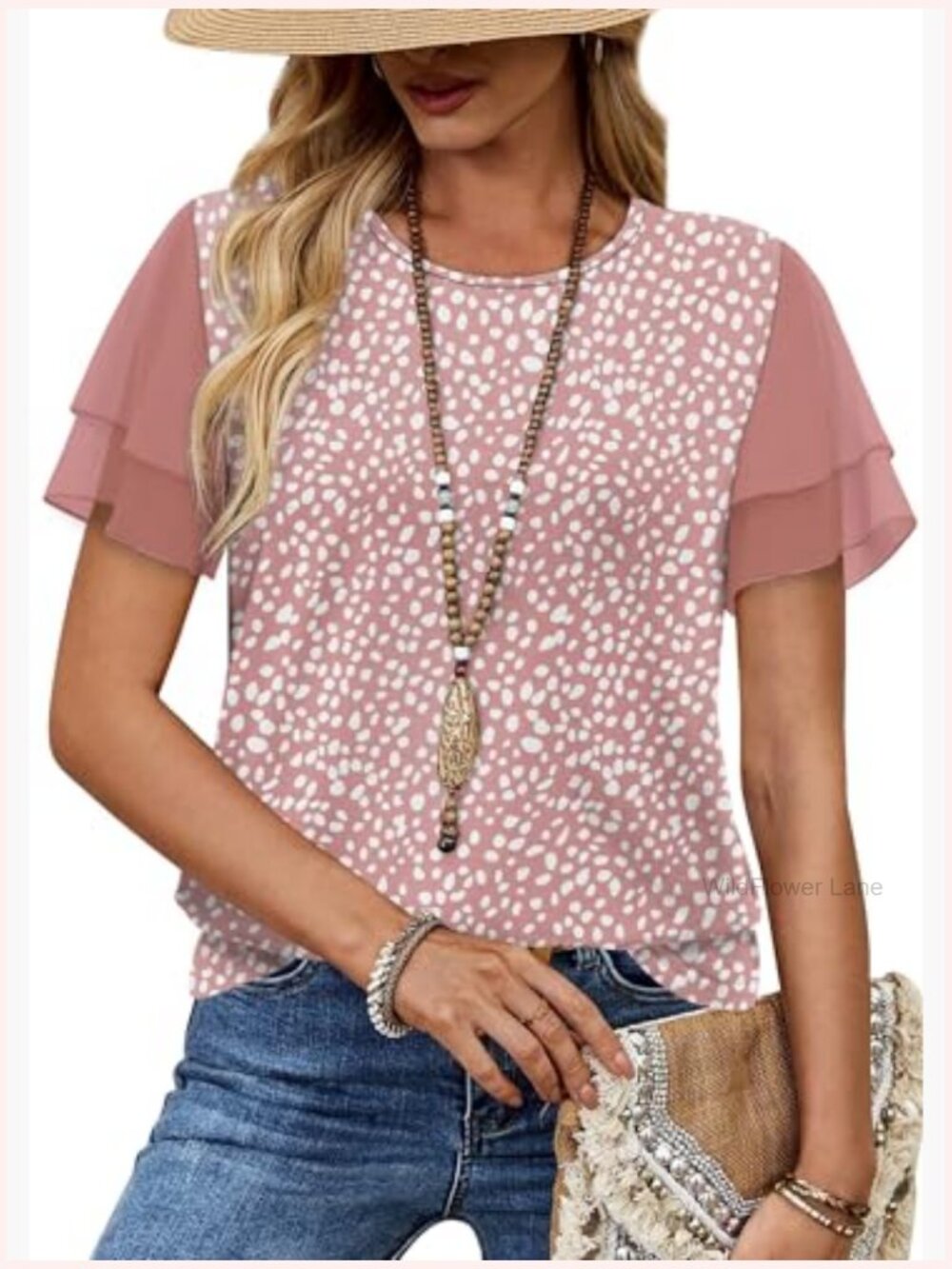 Ruffle Sleeve Chiffon Blouse Short Sleeve Summer Beach Vacation Top - Picture 2 of 5